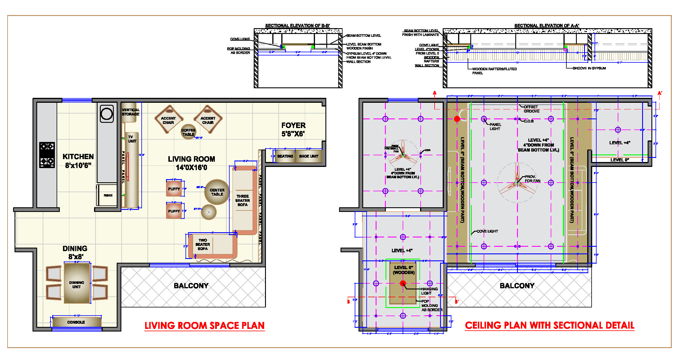 Living Room & Dining Area CAD- Layout with Ceiling Design